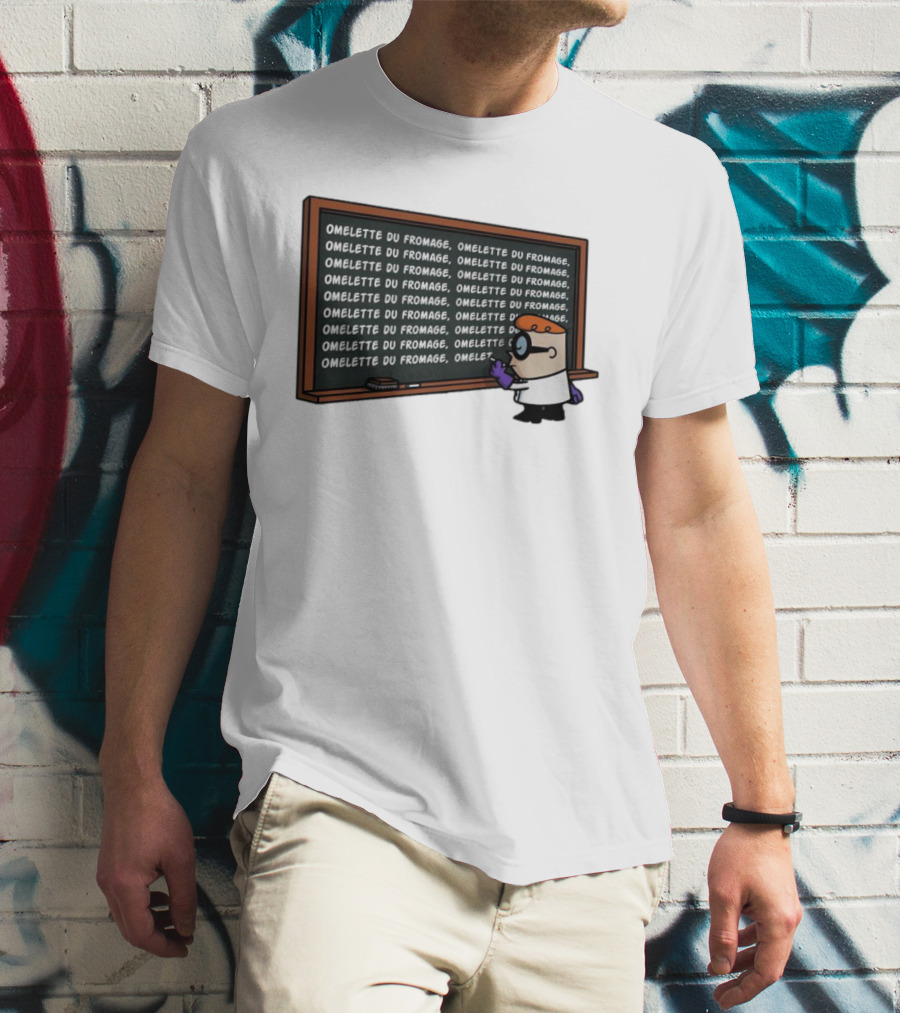Omelette Du Fromage Chalkboard Cartoon Character Writing T-Shirt