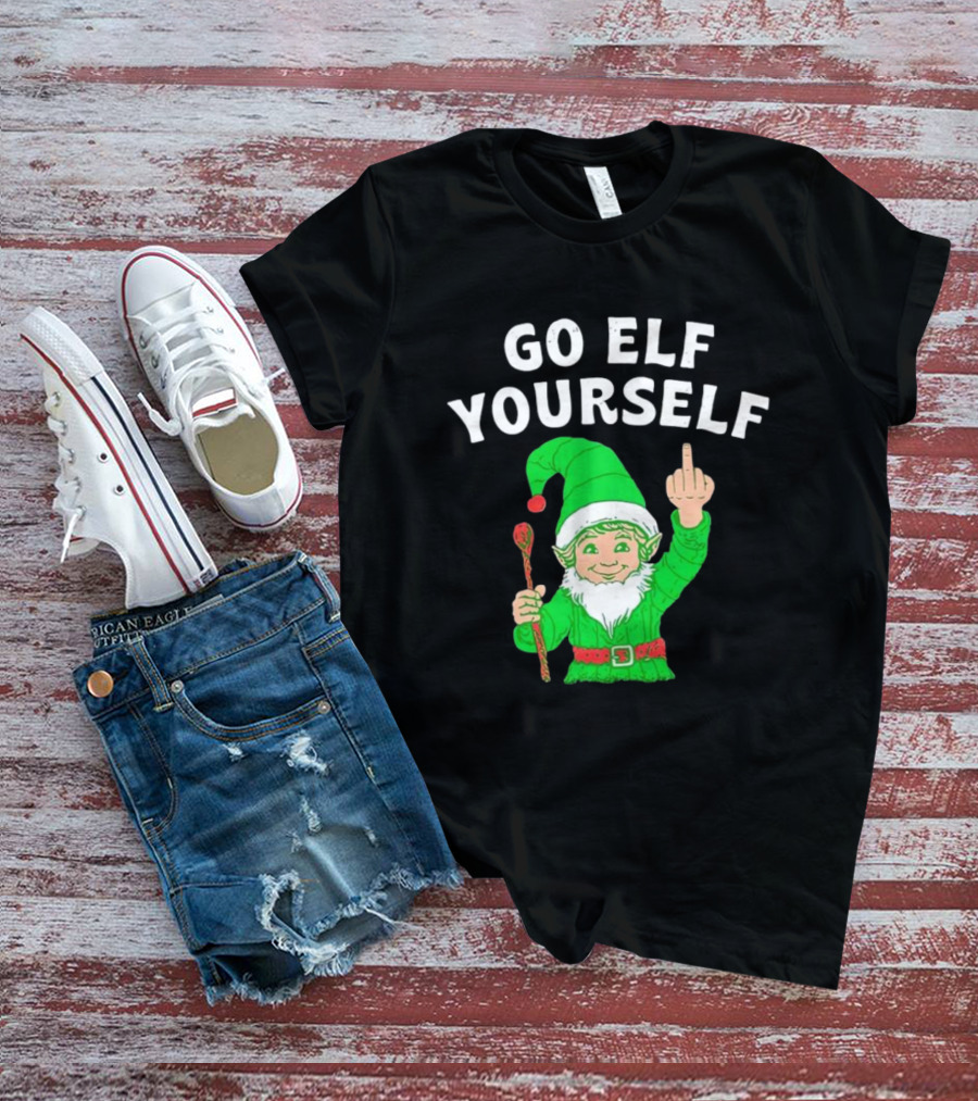 GO ELF YOURSELF Middle Finger Green Elf With Candy Cane T-Shirt