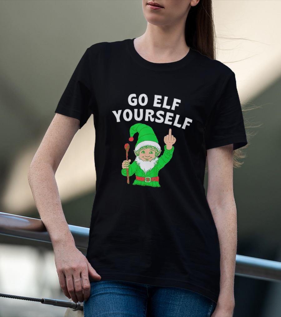 GO ELF YOURSELF Middle Finger Green Elf With Candy Cane T-Shirt