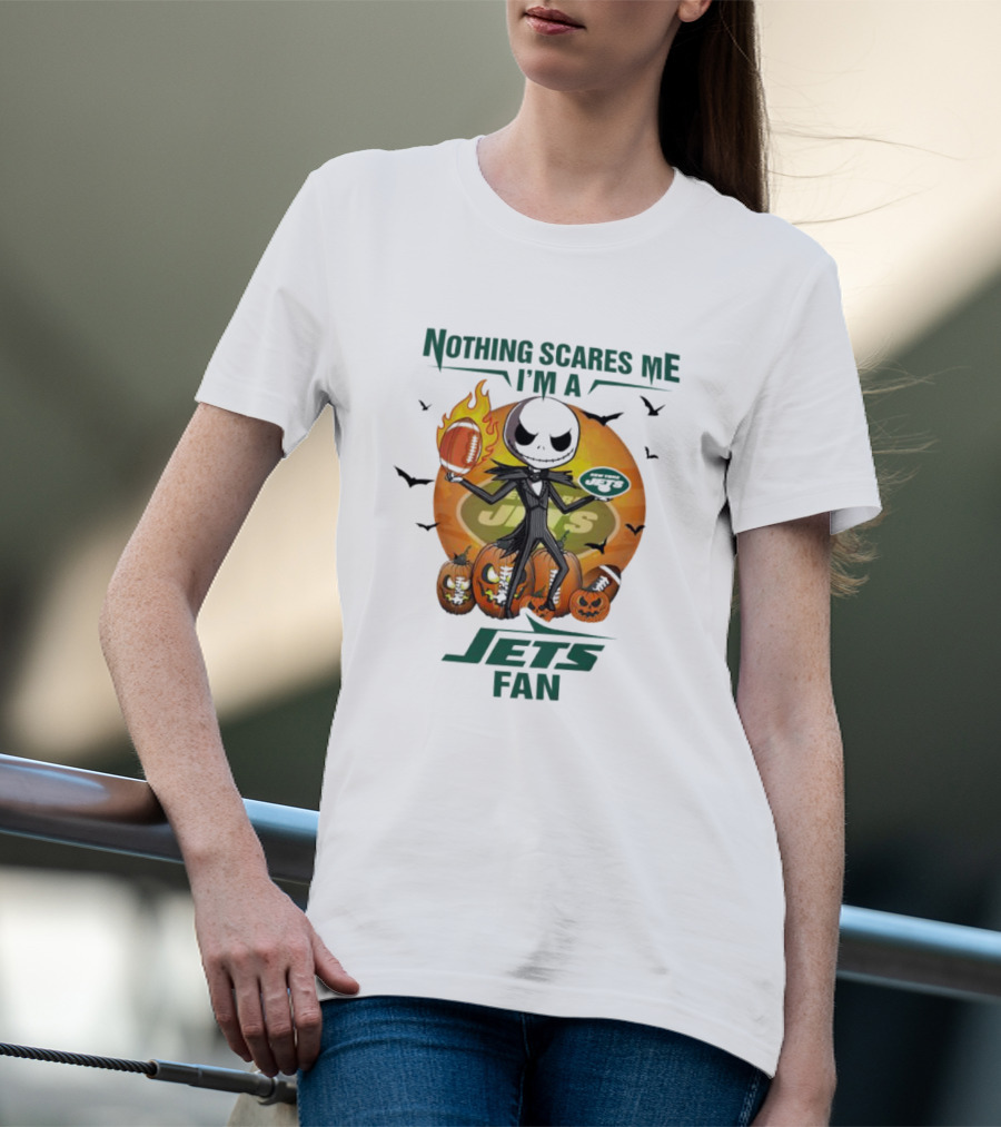 Jack Skellington Nothing Scares Me I'm A New York Jets Fan Halloween Pumpkins Football T-Shirt