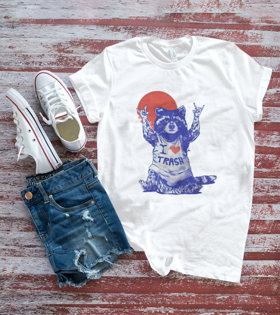 Raccoon I Love Trash Red Moon Rock On T-Shirt