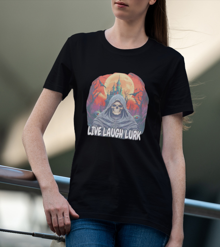 Live Laugh Lurk Skeleton Haunted Castle Bats Full Moon T-Shirt