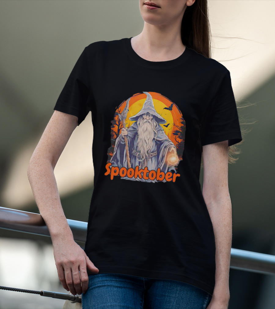 Spooktober Wizard Halloween With Wand And Orange Bats T-Shirt