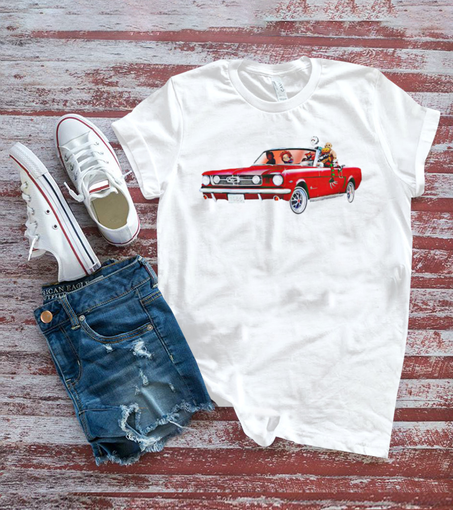Horror Movie Icons In Red Mustang Car Driving Scene T-Shirt