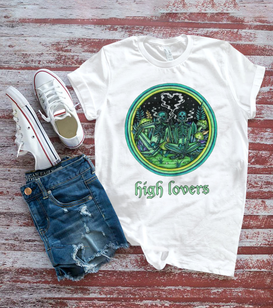 High Lovers Skeletons In Psychedelic Forest Scene T-Shirt