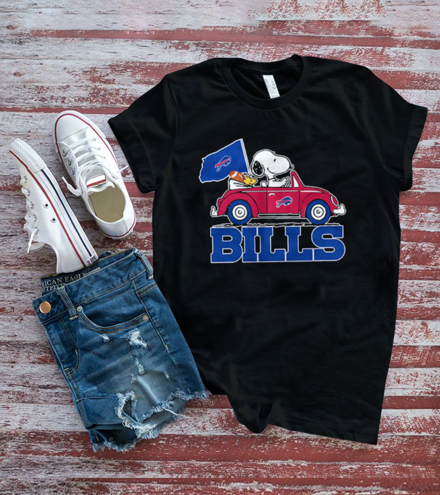 Snoopy Woodstock Driving Red Car Buffalo Bills Flag T-Shirt