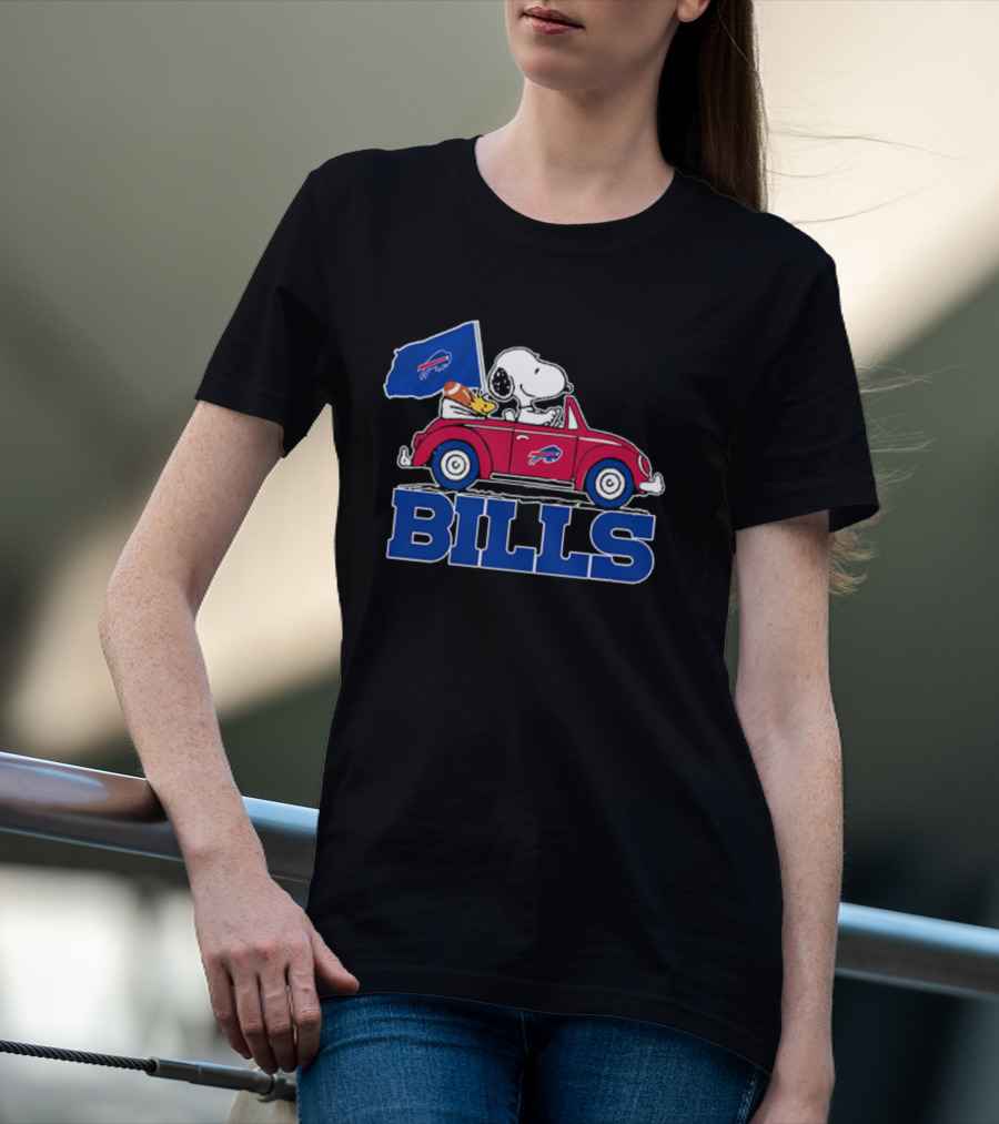 Snoopy Woodstock Driving Red Car Buffalo Bills Flag T-Shirt