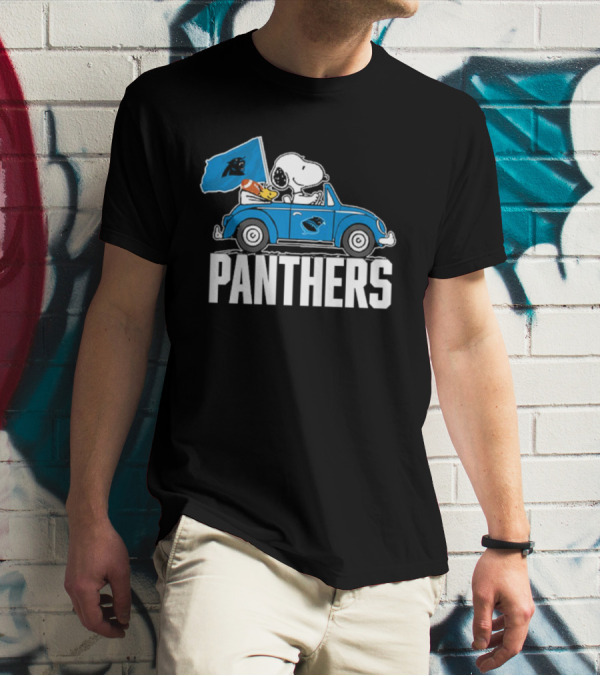 Snoopy And Woodstock Driving Car Panthers Flag T-Shirt
