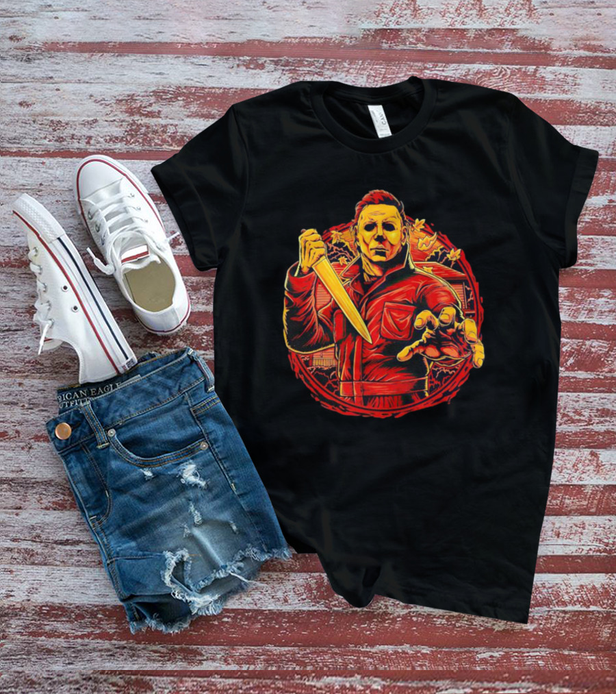 Haddonfield Horror Michael Myers With Knife Halloween Scene T-Shirt
