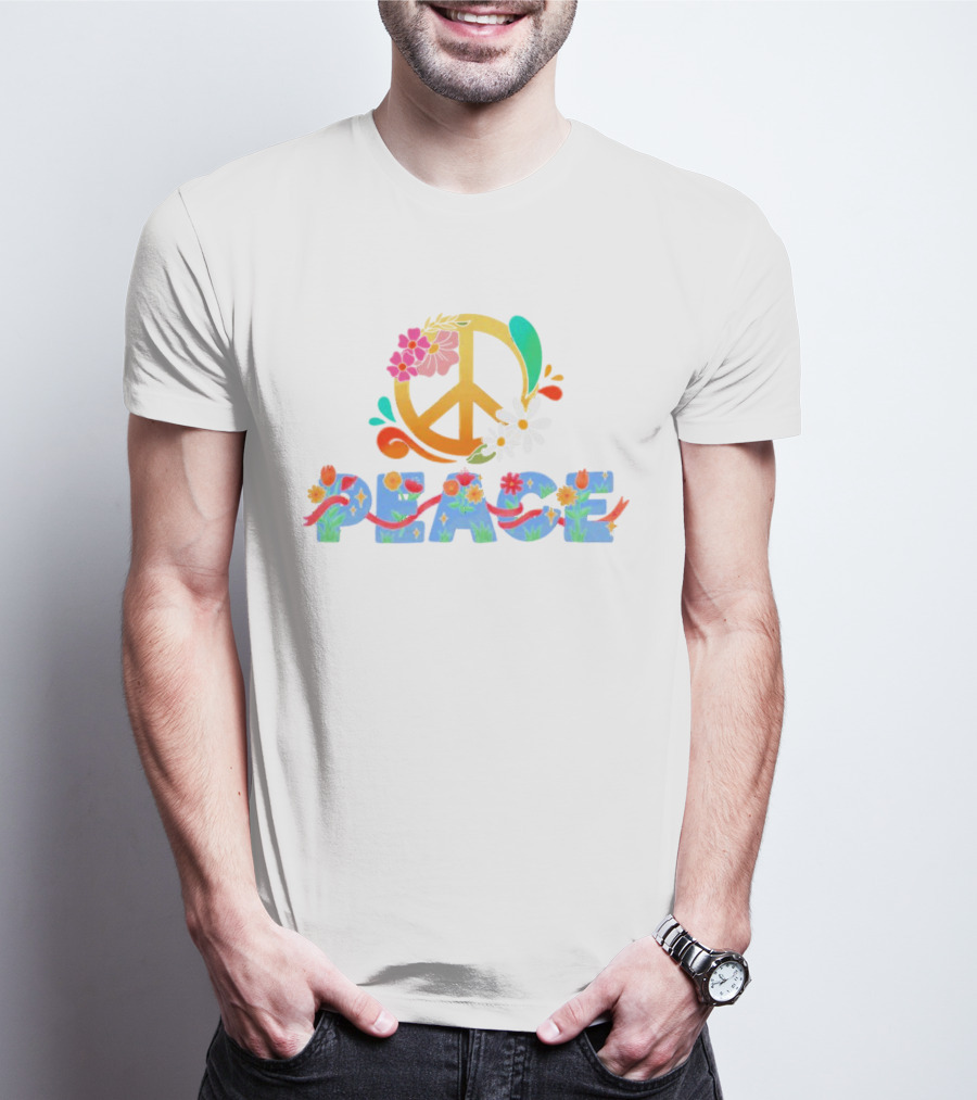 Peace Sign With Flower And Colorful Floral Lettering For International Day Of Peace T-Shirt