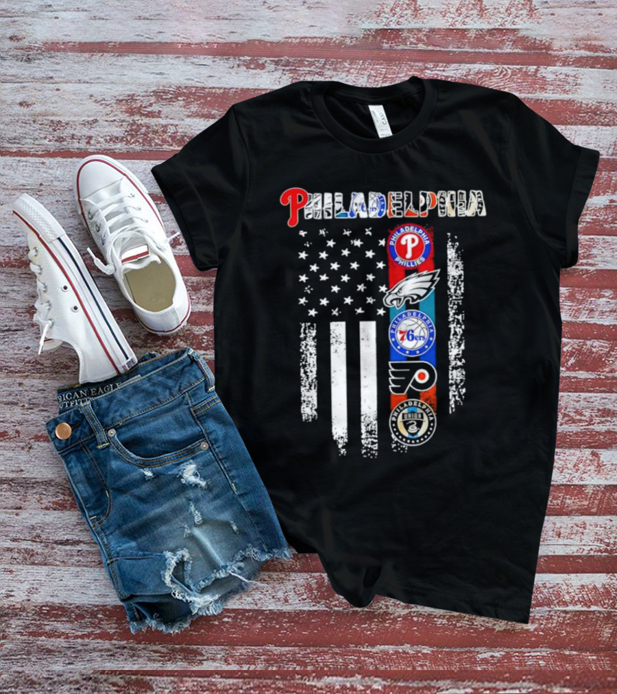 Philadelphia Phillies Eagles 76ers Flyers Union American Flag T-Shirt