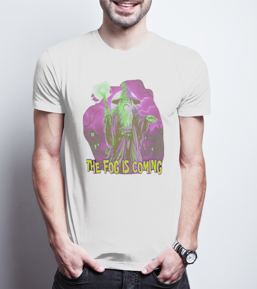 The Fog Is Coming Wizard With Green Staff And Purple Background T-Shirt
