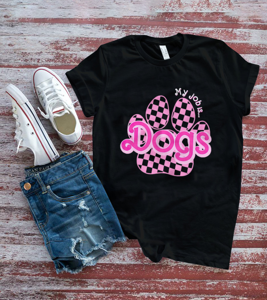 Barbie My Job Is Dogs Pink Checkered Paw Prints T-Shirt