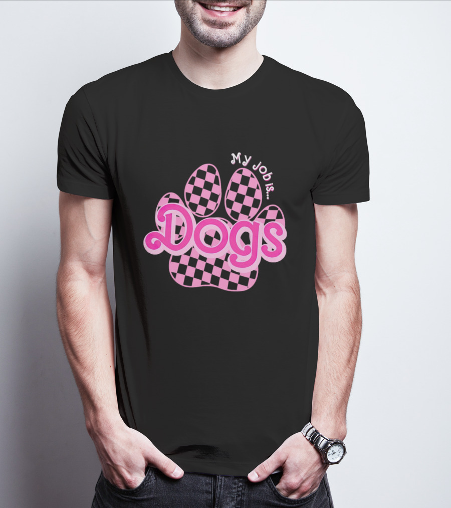 Barbie My Job Is Dogs Pink Checkered Paw Prints T-Shirt