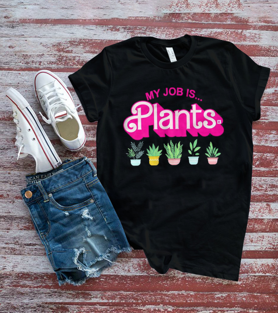 Barbie Plants My Job Is Plants Pink Logo With Potted Greenery T-Shirt