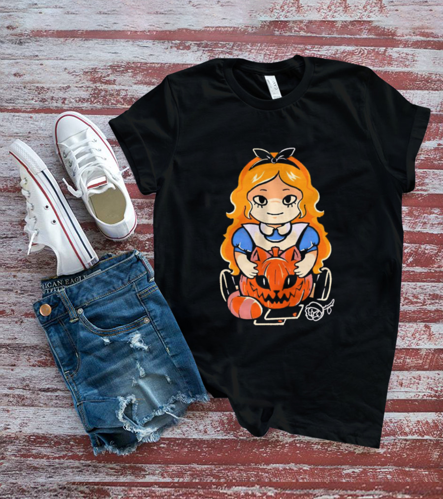 Chibi Alice Wonderland Halloween With Pumpkin And Rose T-Shirt