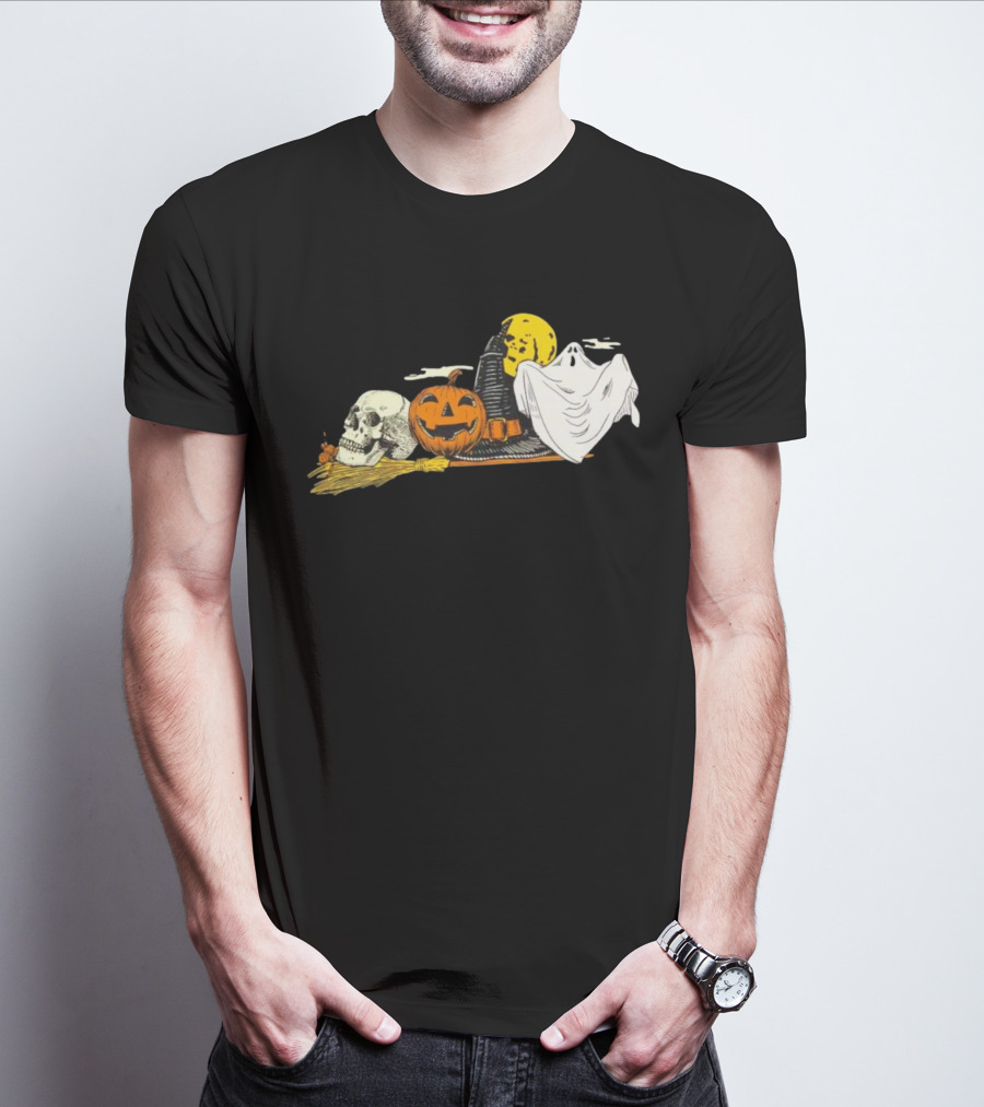 SpooKY Halloween Vintage Skull Pumpkin Ghost Witch Hat Moon Scene T-Shirt