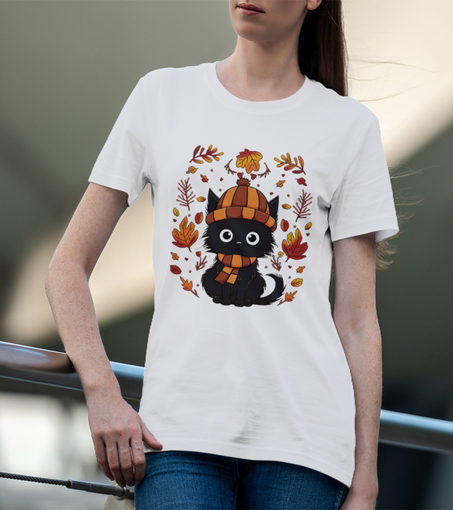 Black Cat Autumn Leaves Cozy Fall T-Shirt