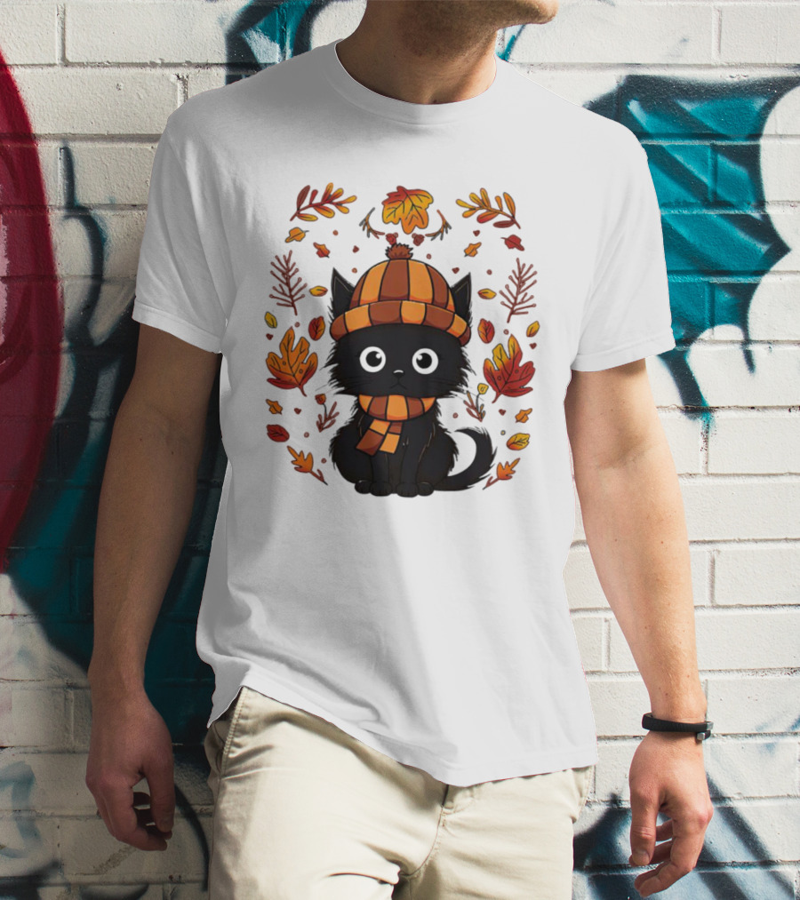 Black Cat Autumn Leaves Cozy Fall T-Shirt