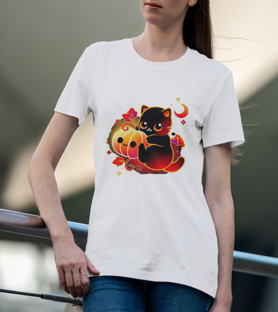 Cat Demon Halloween Moon Pumpkin Leaves Bat Wings T-Shirt