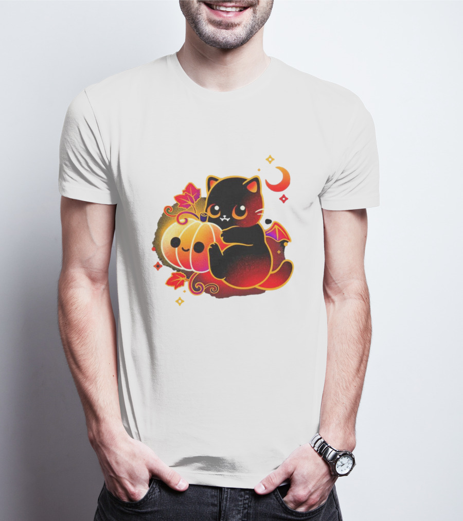 Cat Demon Halloween Moon Pumpkin Leaves Bat Wings T-Shirt