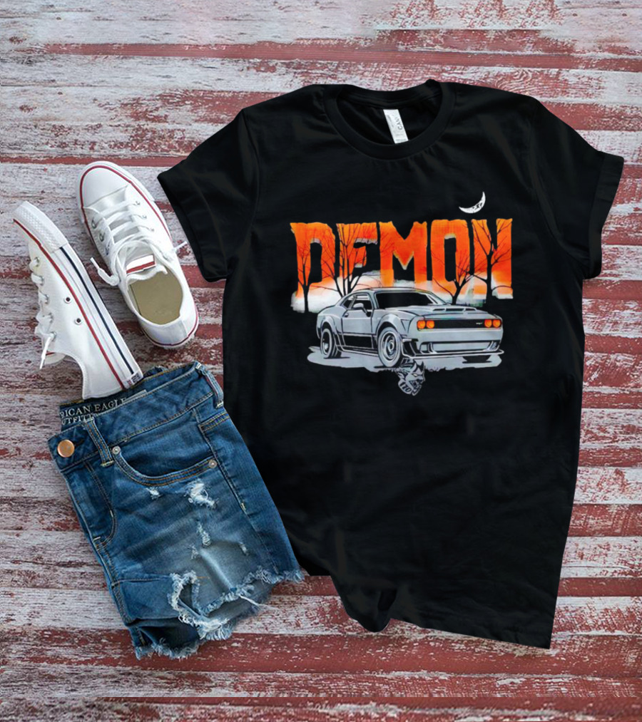 Demon Dodge Challenger SRT Halloween Moon Scene T-Shirt