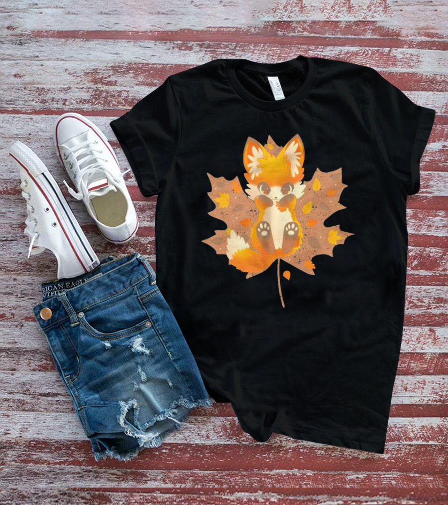 Kitsune Autumn Fox With Maple Leaf And Fall Colors T-Shirt