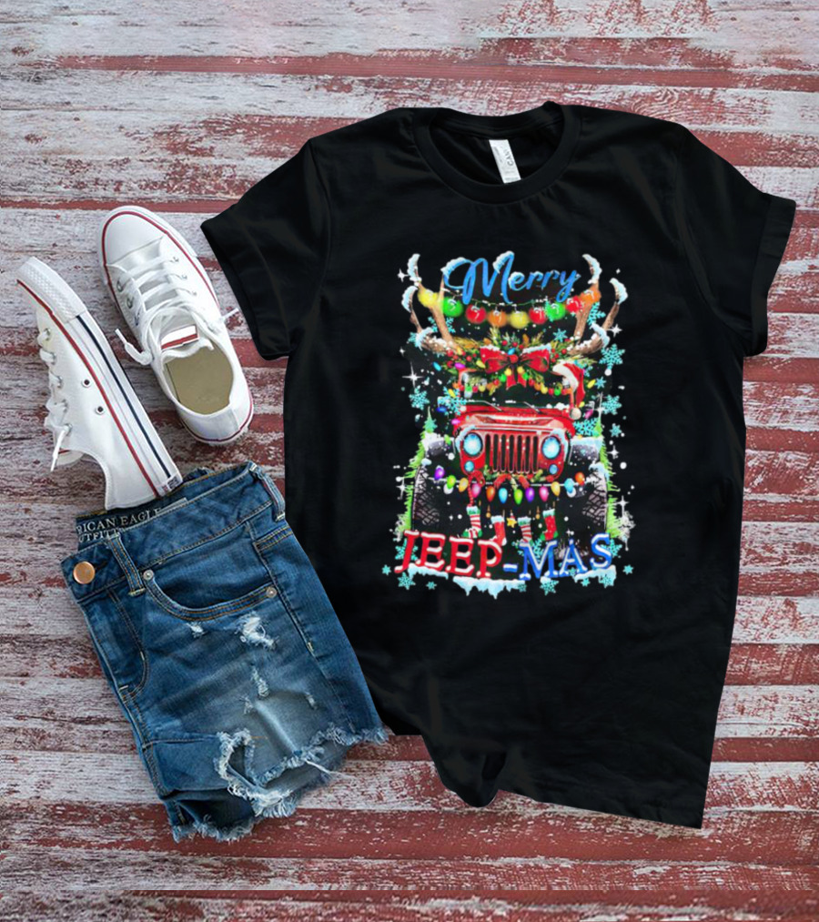 Merry Jeep Mas Reindeer Lights Snowflakes Christmas Decorations T-Shirt