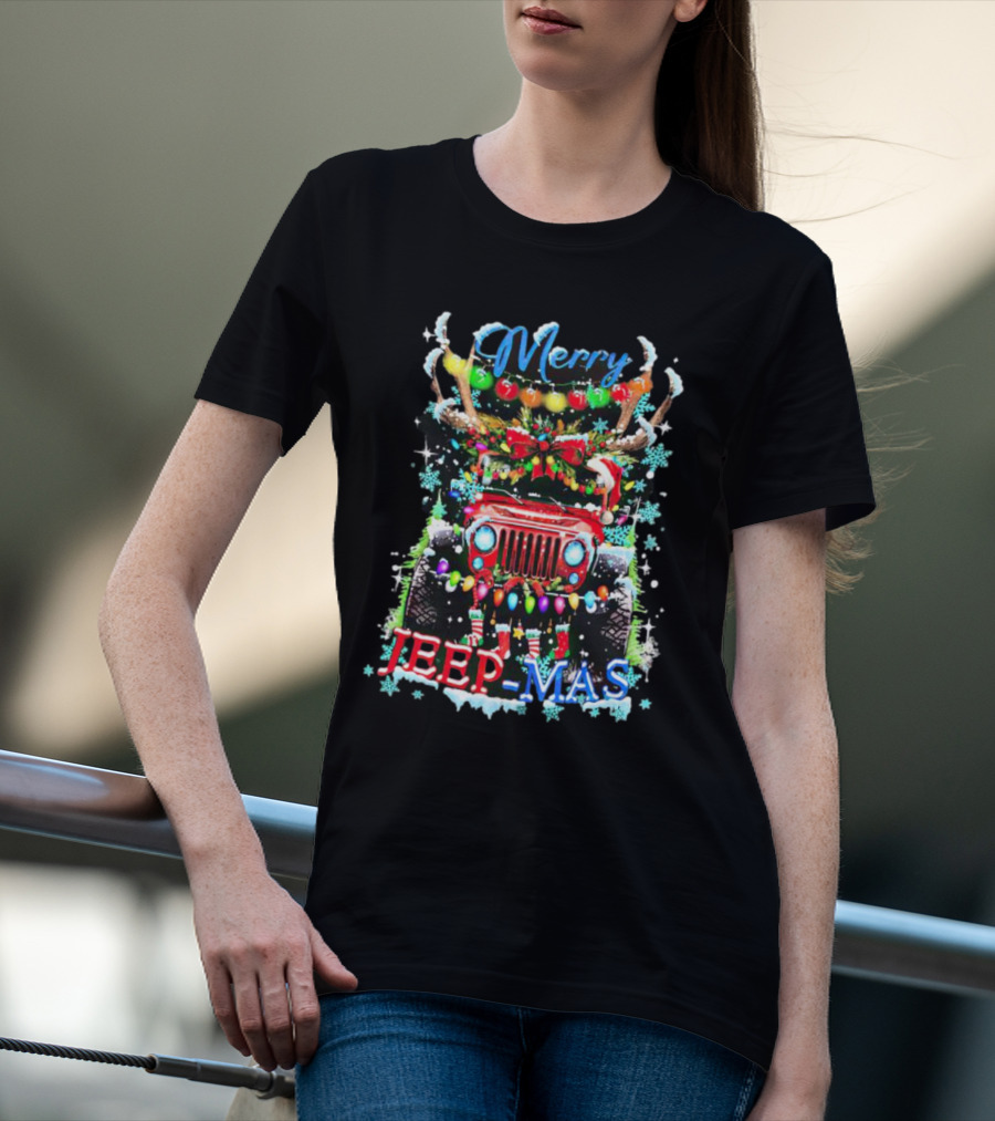 Merry Jeep Mas Reindeer Lights Snowflakes Christmas Decorations T-Shirt