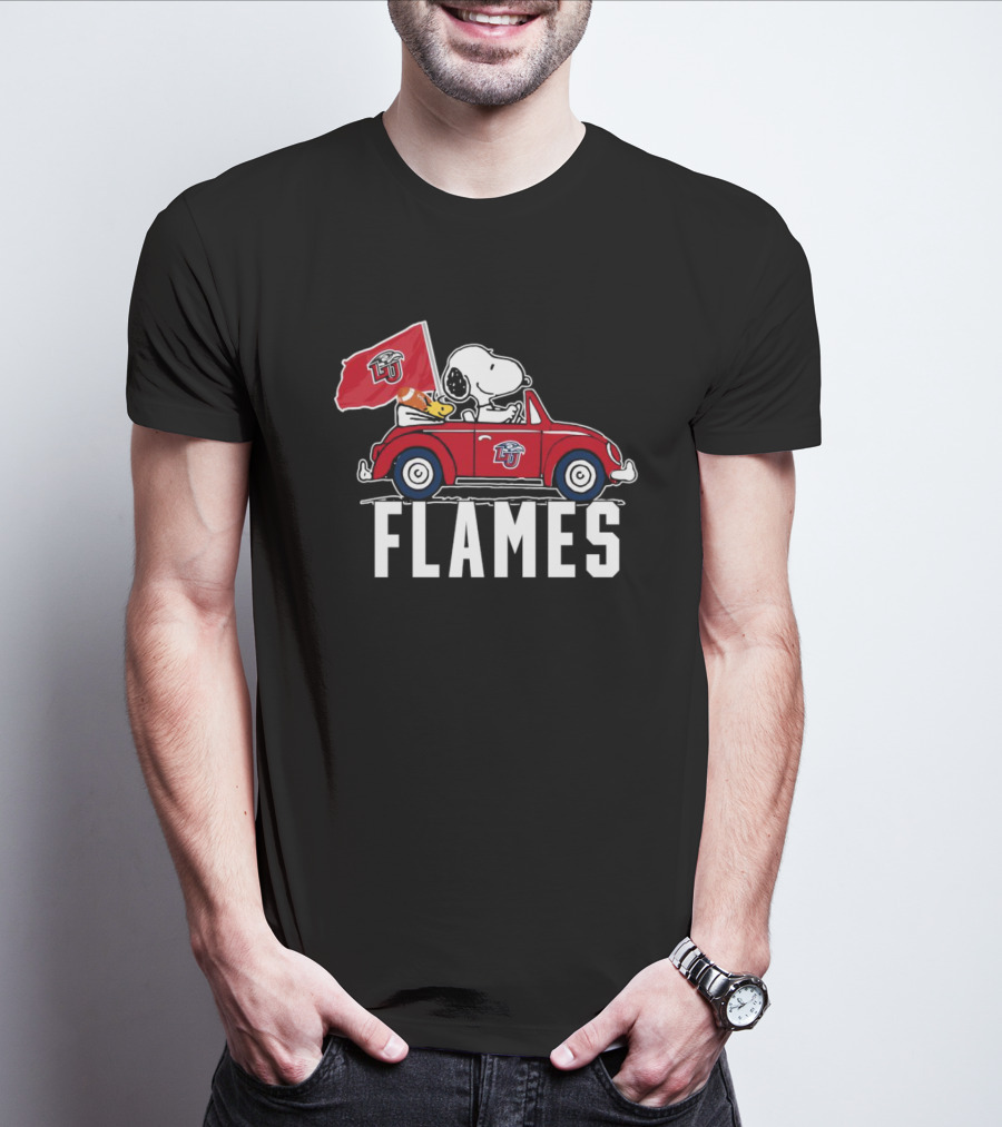 Snoopy And Woodstock Driving Liberty University Flames Car T-Shirt