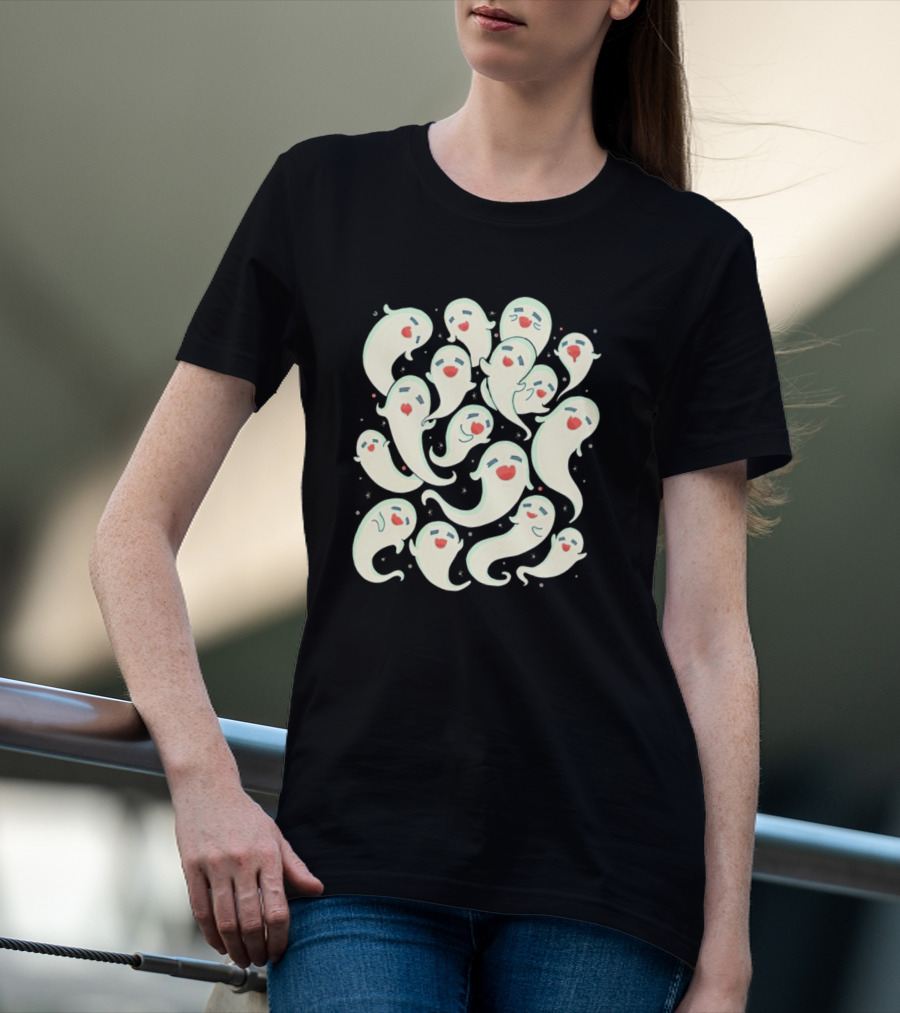 Spirited Squad Ghostly Gathering With Playful Faces T-Shirt