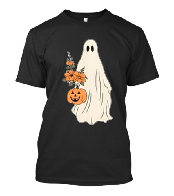 Vintage Halloween Ghost With Floral Bouquet And Pumpkin T-Shirt