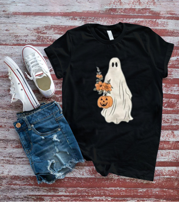 Vintage Halloween Ghost With Floral Bouquet And Pumpkin T-Shirt