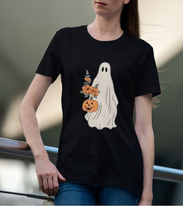 Vintage Halloween Ghost With Floral Bouquet And Pumpkin T-Shirt