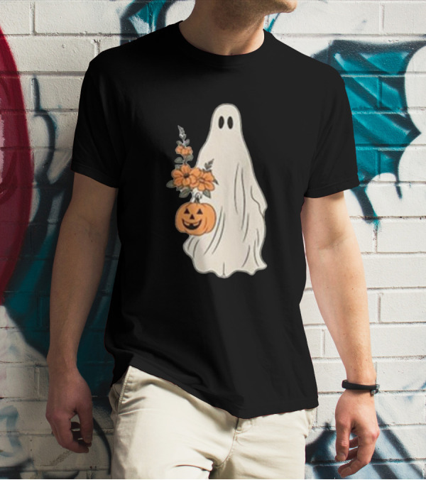Vintage Halloween Ghost With Floral Bouquet And Pumpkin T-Shirt