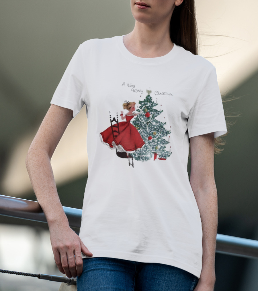 A Very Merry Christmas Girl Trimming The Christmas Tree T-Shirt
