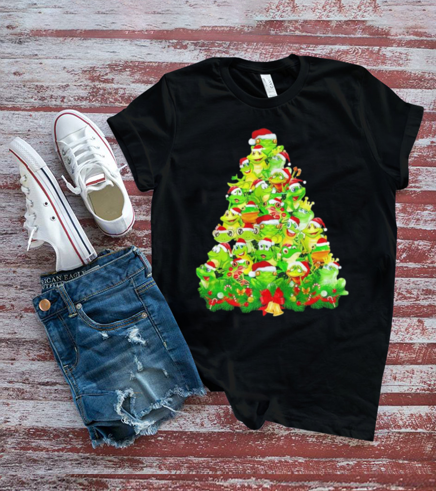 Frogs With Santa Hats Christmas Tree Holiday T-Shirt