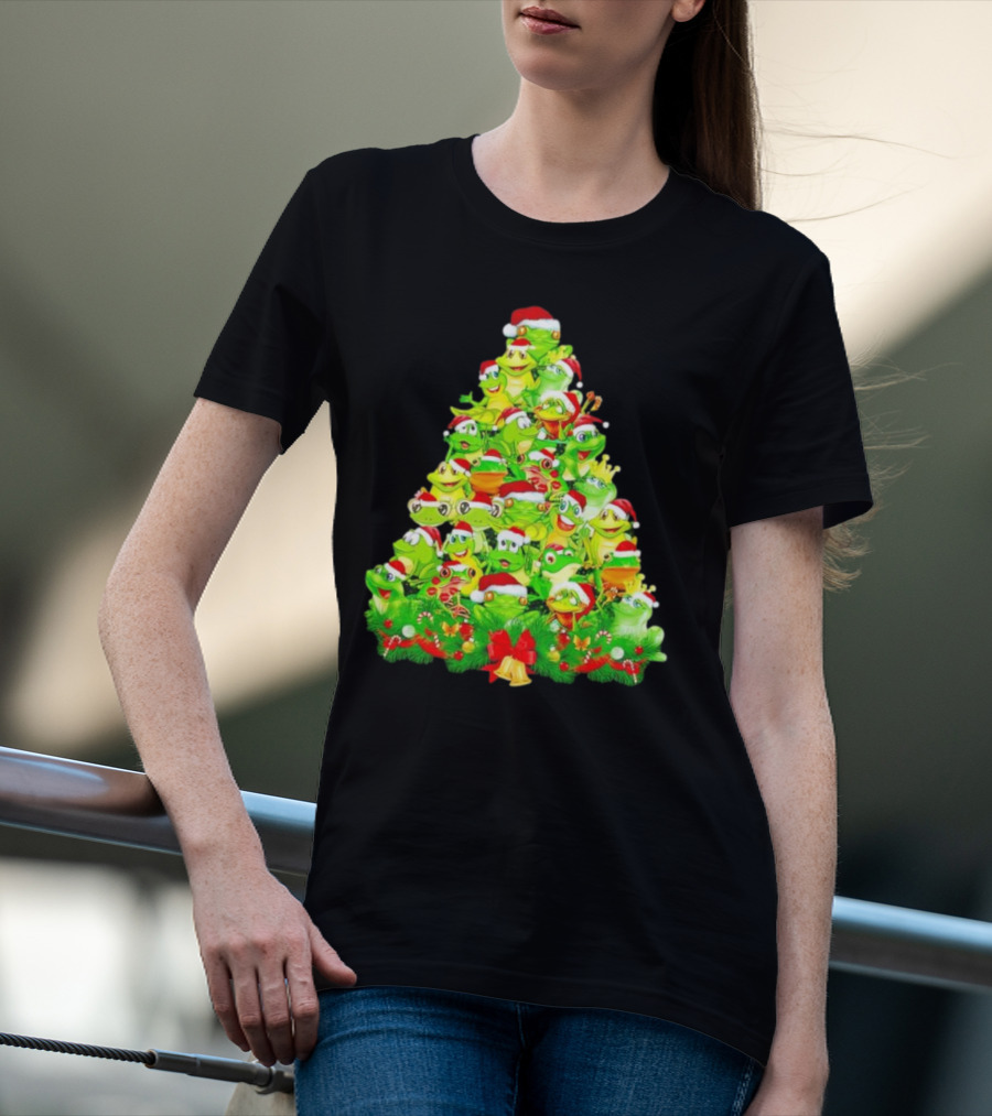 Frogs With Santa Hats Christmas Tree Holiday T-Shirt