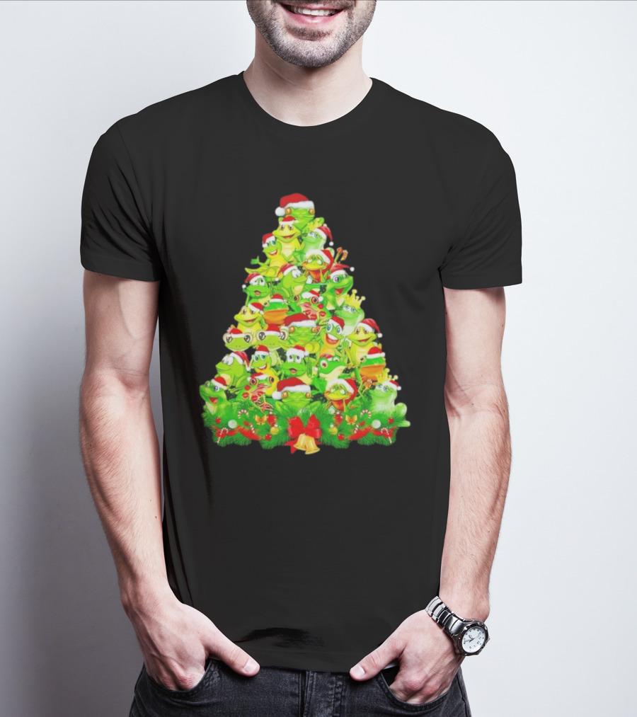 Frogs With Santa Hats Christmas Tree Holiday T-Shirt