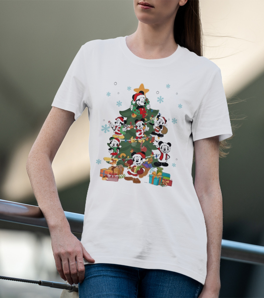Christmas Tree Mickey Mouse Holiday Characters With Gifts And Snowflakes T-Shirt