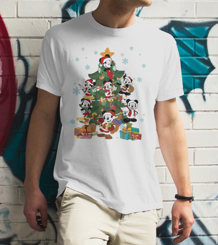 Christmas Tree Mickey Mouse Holiday Characters With Gifts And Snowflakes T-Shirt