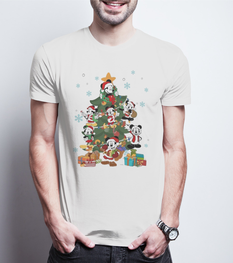 Christmas Tree Mickey Mouse Holiday Characters With Gifts And Snowflakes T-Shirt