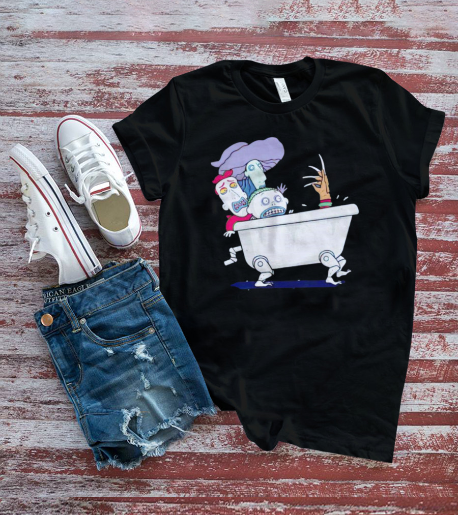 Halloween Scary Bathtub Cartoon Skeletons And Claw Hand T-Shirt