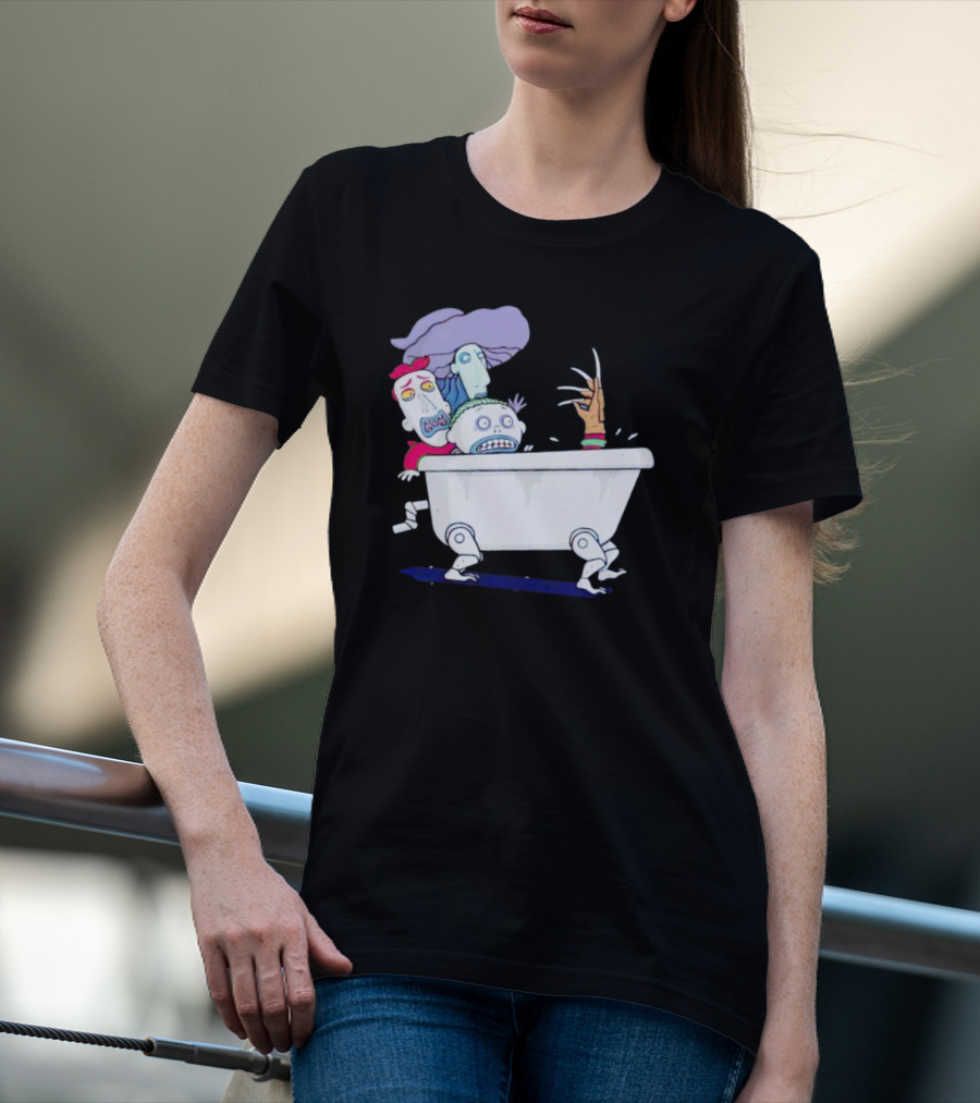 Halloween Scary Bathtub Cartoon Skeletons And Claw Hand T-Shirt