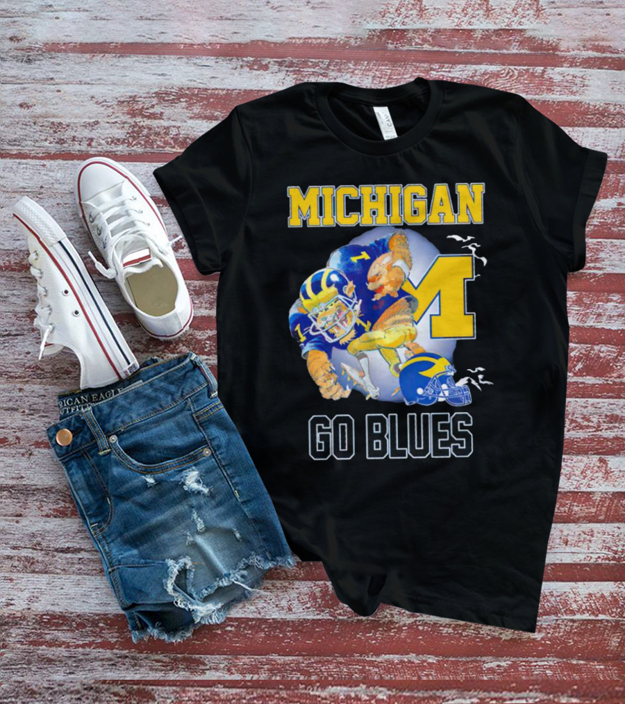 Michigan Wolverines Go Blues Football Player And Helmet T-Shirt