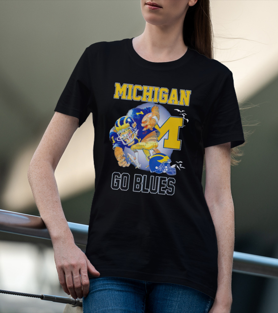 Michigan Wolverines Go Blues Football Player And Helmet T-Shirt