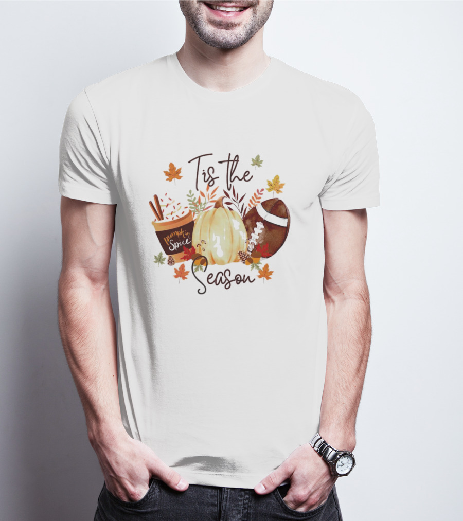 Tis The Season Pumpkin Spice Fall Leaves Football T-Shirt