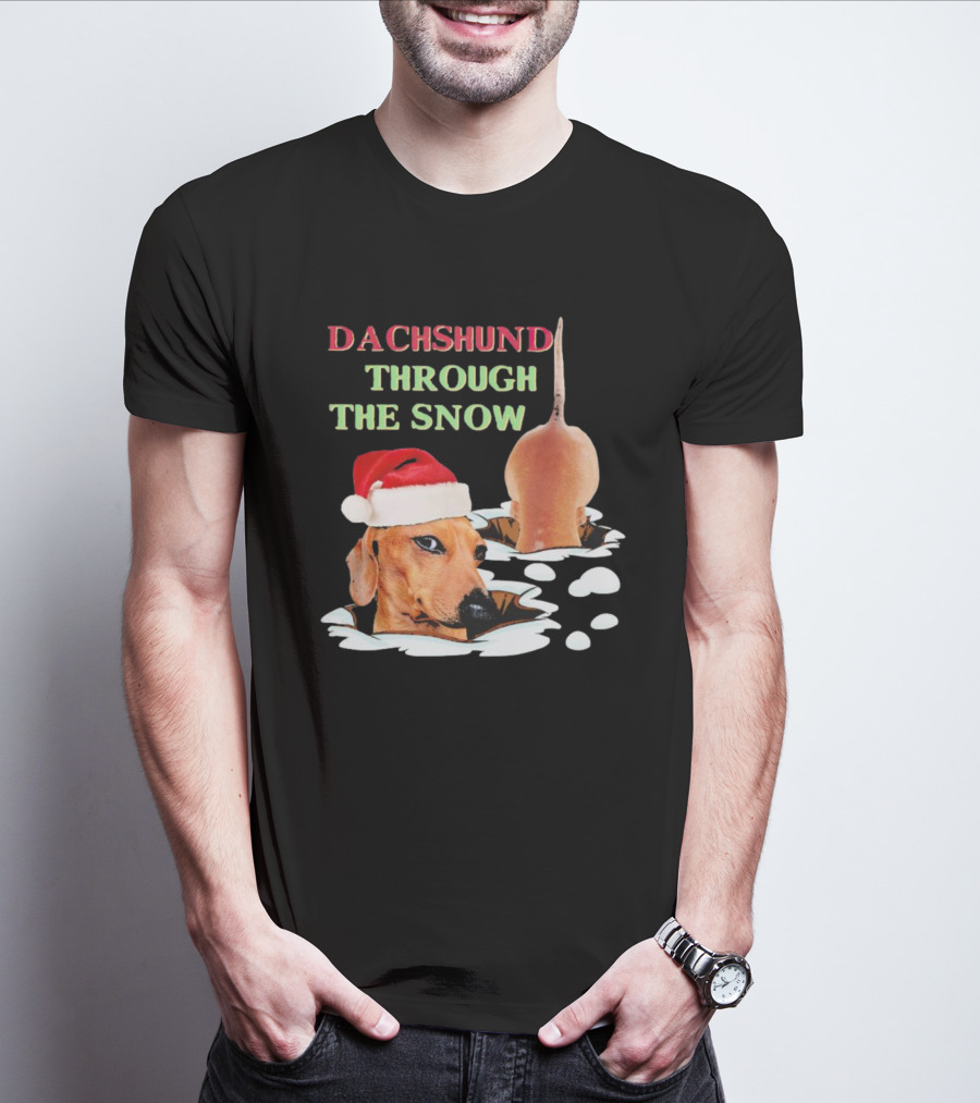 Dachshund Through The Snow Santa Hat Dog And Snow Bubbles T-Shirt
