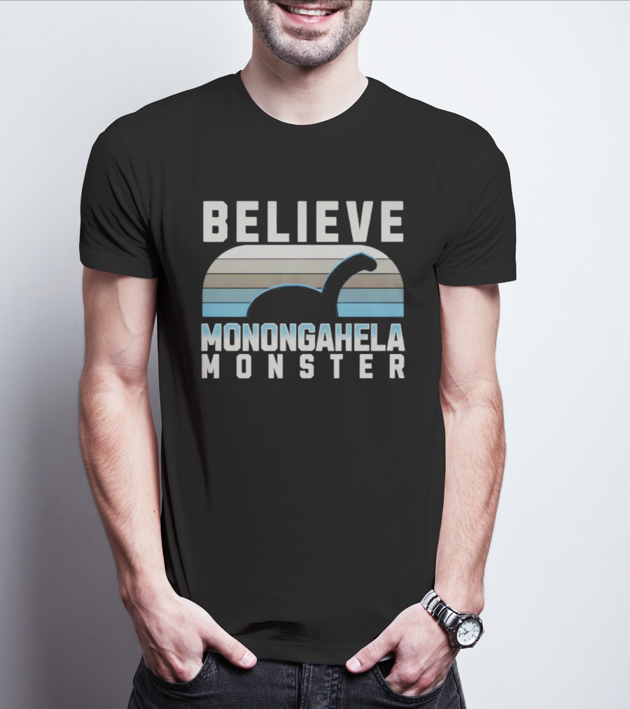 Believe Monongahela Monster Dinosaur Silhouette Striped T-Shirt