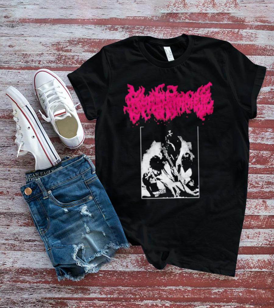 Gorehammer Graphic In Pink Gothic Font With Monochrome Horror Scene T-Shirt